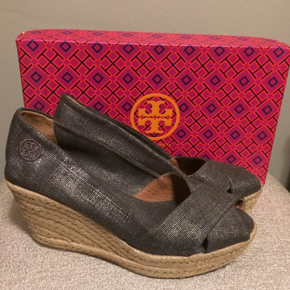 Tory Burch Metallic Gray Espadrille Wedge Peep-Toe Women’s Shoe
